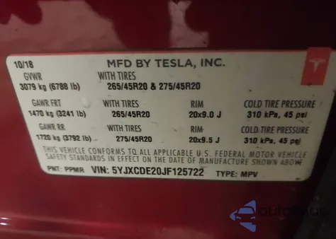 2018 Tesla Model X 100D/75D/P100D z USA, uszkodzony, nr VIN 5YJXCDE20JF125722